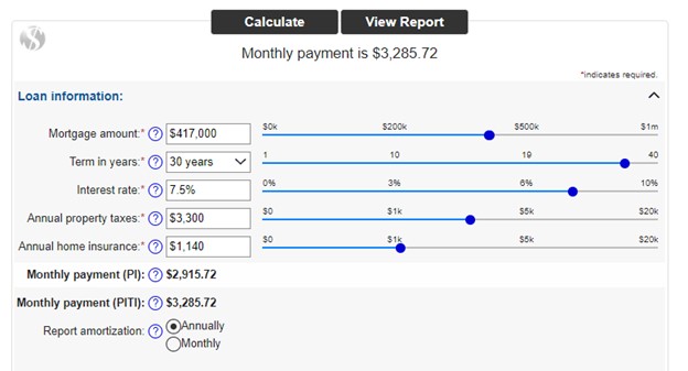 Screenshot of a mortgage calculation using the Zions Bank Mortgage Calculator