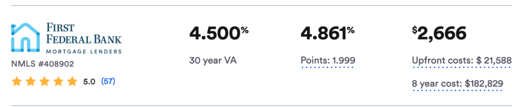 Screenshot of a 4.5% Utah mortgage rate for a 30 year VA home loan from First Federal Bank Mortgage Lenders.