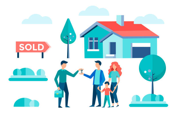 An illustration of a real estate agent transfers keys to the owners of a beautiful home in the suburbs. It is an illustration of a new home for the family with a sold sign pointed towards the home.