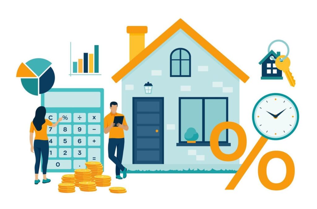 Illustration of a house. On the right side is a clock, percentage symbol, and key. On the left side is a man and woman standing next to a large calculator, gold coins, a pie graph, and bar graph. This image illustrates the multiple considerations that need to be made when refinancing a home.