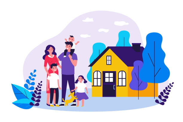 Illustration of a happy family with three young kids and a dog standing outside their new home.